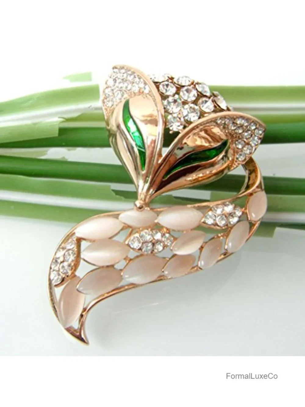 18k Gold Plated Created Opal Fox Brooch Pin Vintage Crystal Jewelry